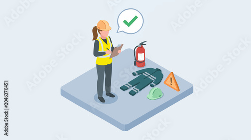 Photos Safety inspector checking personal protective equipment and fire safety