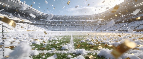 Epic Winter Victory in a Snow Covered Empty Soccer Stadium with Gold Confetti