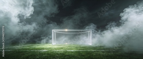 Cinematic empty soccer goal on a dark grass pitch surrounded by thick smoke