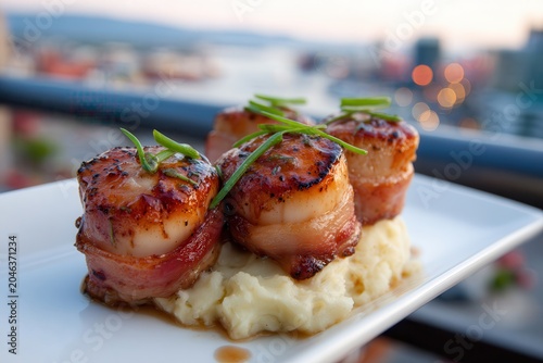 Bacon-wrapped scallops and mashed potatoes, Halifax