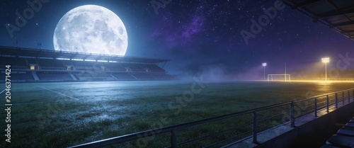 Panoramic View of an Empty Soccer Stadium Under a Giant Full Moon and Starry Sky