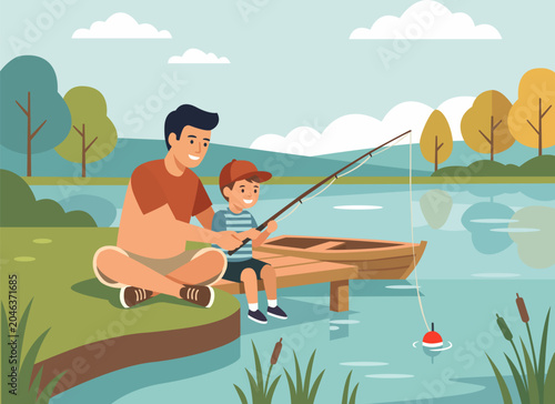 Father Teaching Son to Fish at Lakeside – Family Outdoor Recreation Flat Vector Design