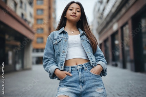 Confident woman in urban setting.