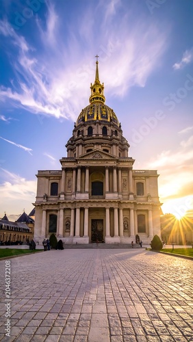A grand, ornate building with a large golden dome and columns stands on a cobblestone plaza at sunrise