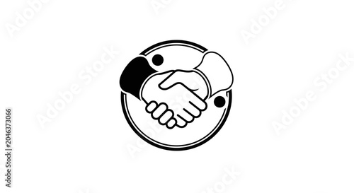Black and White Handshake Icon in a Circular Frame