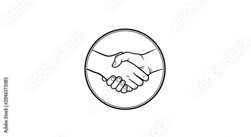 Black and White Handshake Icon in Circle Line Art