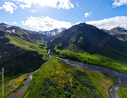 Majestic mountain valley with winding river and lush meadows.