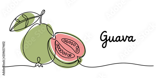 continuous line drawing whole and sliced guava fruit flat design vector illustration