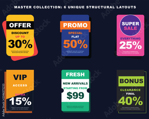 Set of 6 modern sale promo badges and discount tags vector illustration.