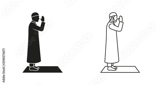 Fotografija Praying Man Silhouette Icon Set Black And White Line Art