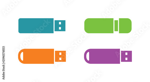  Set of colorful USB flash drive icons isolated on white background. Simple flat vector style data storage and portable memory device collection.