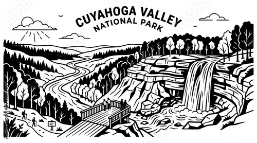 Tableau sur toile Cuyahoga Valley National Park Ohio Brandywine Falls Black and White Vector Illus