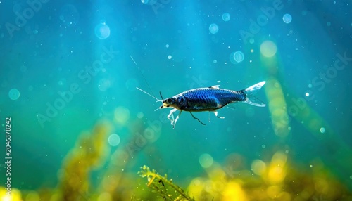 Small Blue Fish Glides Through Underwater Plant Life With Sunlight Dappling