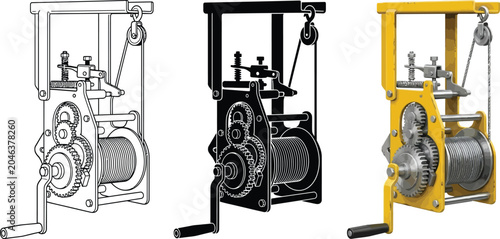 Foto Vintage hand-cranked winch mechanism detailed vector illustration with line art