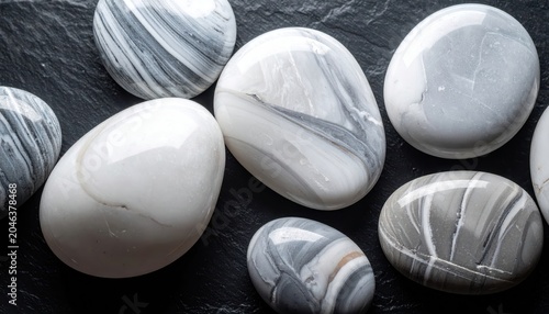 Smooth, cool marble pebbles in varying shades of grey and white gently scattered on a dark, textured surface.