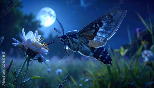Sphinx Moth Hovers Mysteriously Near Night-Blooming Flower Under Moonlight