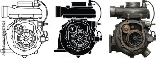 Bild auf Leinwand Automotive turbocharger presented in three distinct styles a detailed line art d