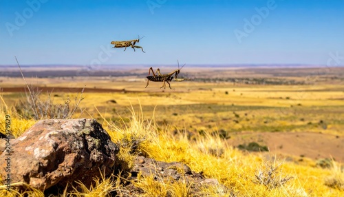 Two Grasshoppers in Mid-Air Leap Over Sun-Baked Arid Plains During Daylight