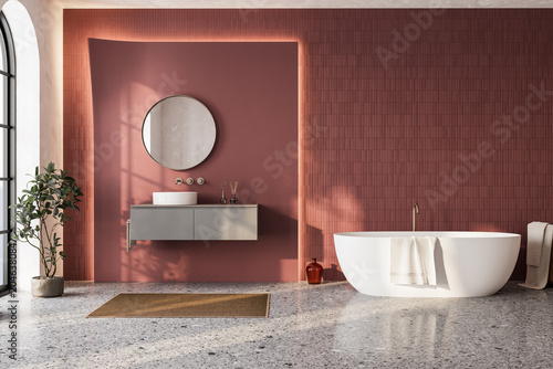 Konstfotografi Modern pink bathroom interior with freestanding bathtub and terrazzo floor