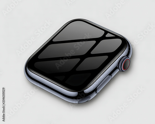 Sleek modern smartwatch with a dark reflective screen and a textured band on a light gray background