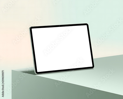 Sleek tablet device with a blank white screen resting on a light green geometric surface with soft lighting