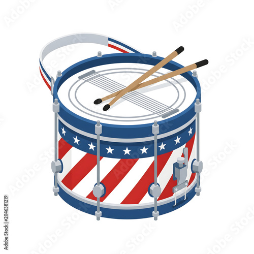 Illustration of a patriotic drum with drumsticks, perfect for holiday parades and festive celebrations