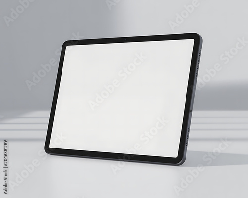Tablet device with a blank white screen on a light gray surface with subtle shadow patterns from window blinds