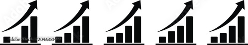 Silhouette of five black bar graphs with arrows trending upward on white background