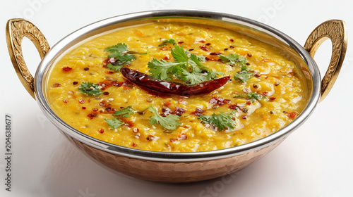 Dal tadka or yellow lentil curry served in a traditional copper bowl isolated on white background