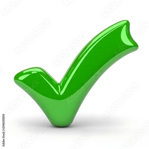 Glossy green 3D check mark symbol with reflective polished curves on white background illustration
