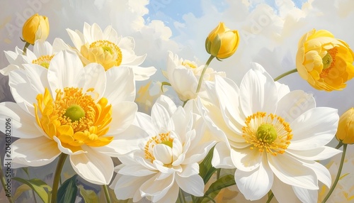 Close-up of lush, vibrant white and yellow blossoms with a soft, painterly texture against a dreamy sky backdrop