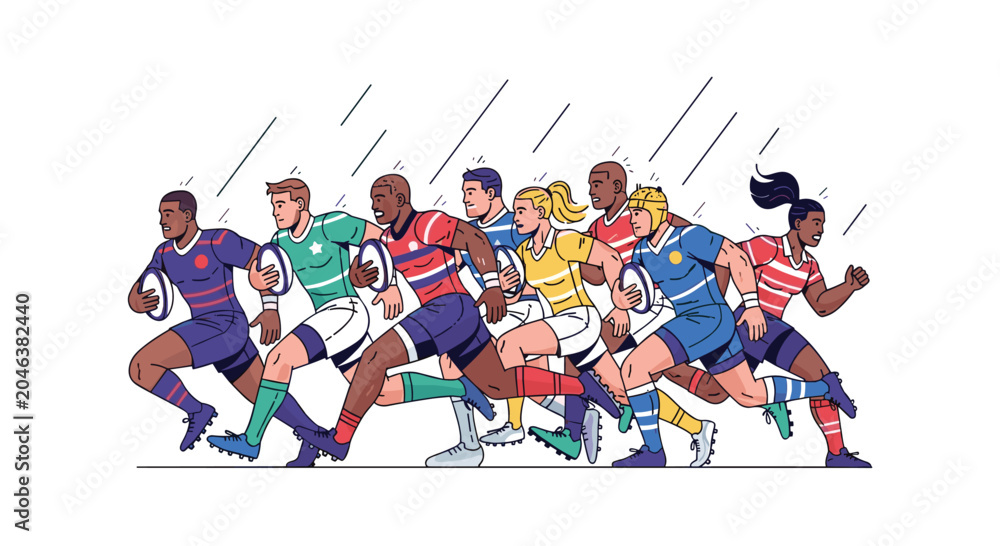 Fototapeta premium A dynamic group of diverse rugby players in colorful team jerseys sprints forward with balls in a clean and energetic athletic illustration style design.