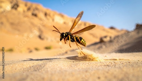 Tarantula Hawk Wasp in Flight Hunting for Prey in Arid Desert Landscape