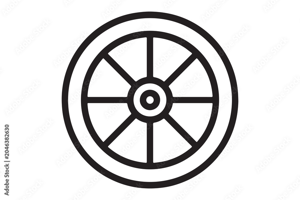 Obraz premium Simple black line art wheel icon with six spokes and circular frame isolated on white background