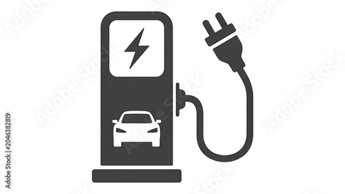 Electric vehicle charging station icon with lightning bolt and car symbol, cable and plug design representing sustainable mobility illustration
