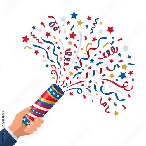 Hand Holding Patriotic Party Popper Exploding with Confetti and Streamers in Red, White, and Blue Colors