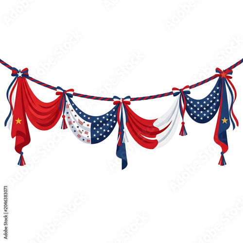 Vibrant patriotic bunting garland illustration featuring red, white, and blue colors, adorned with stars and stripes for festive holiday decorations and national celebrations