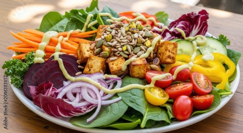 A vibrant and colorful vegan salad with tofu, mixed greens, and fresh vegetables.
