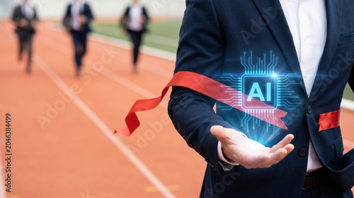 Businessman using AI to win race, crossing finish line for fast success, professional executive leadership and innovation