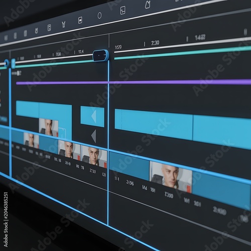 Close-up view of a digital editing timeline interface on a computer screen displaying multiple tracks with clips and playback controls in a dark interface