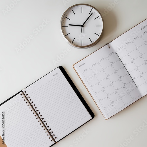 Overhead view of a white desk with a silver analog clock, an open spiral-bound notebook with lined pages, and an open calendar planner showing a monthly view
