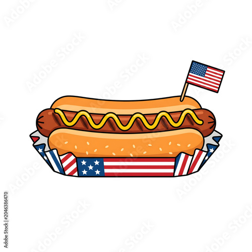 An appetizing hot dog with mustard and a small American flag in a festive wrapper, perfect for patriotic celebrations and summer cookouts