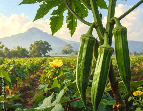 Close-up of okra plants with green pods in the foreground, field of flowers, mountain, blue sky