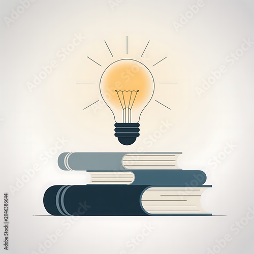 Stack of Four Books with an Illuminated Light Bulb Above Symbolizing Knowledge Education and Innovation with Rays of Light Emanating from the Bulb on a Light Gray Background with Subtle Gradient