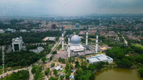 Aerial view of Sultan Salahuddin Abdul Aziz Shah Mosque, also known as the Blue Mosque, in Shah Alam, Selangor, Malaysia.