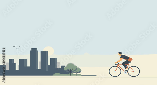 Foto Man riding bicycle on road with city skyline in background