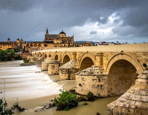 Historic stone bridge over calm river with cathedral backdrop.