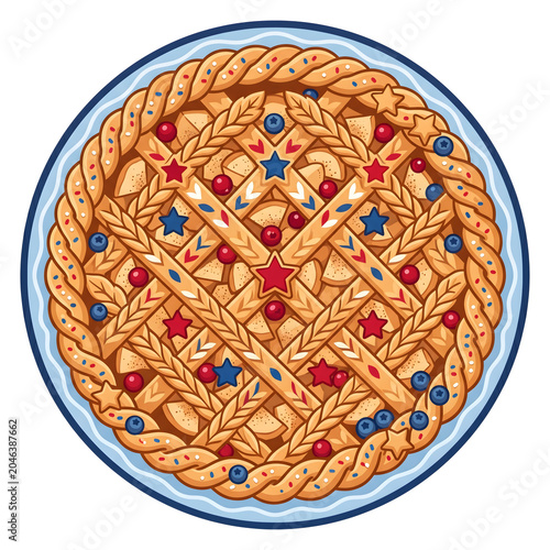 Classic homemade apple pie featuring a festive patriotic lattice crust, beautifully decorated with red and blue berries and star shapes, ideal for American celebrations