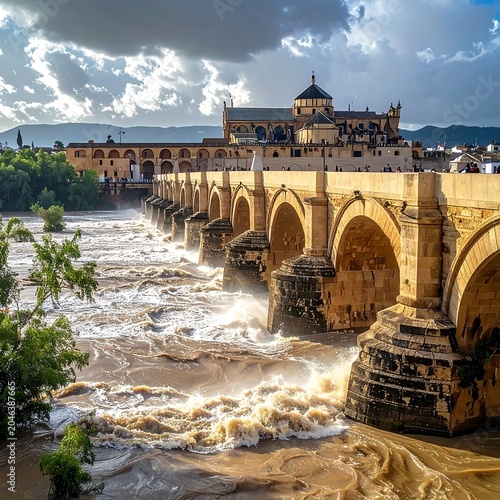 Golden hour view of historic stone bridge over river.