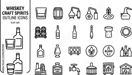 Whiskey Craft Spirits Outline Icon Set Glass Bourbon Barrel Distillation Still Copper Pot Aging Rack Hydrometer Cork Wax Seal Bottle Nosing Glass Flight Board 20 Icons Editable Strokes Line Art Spirit